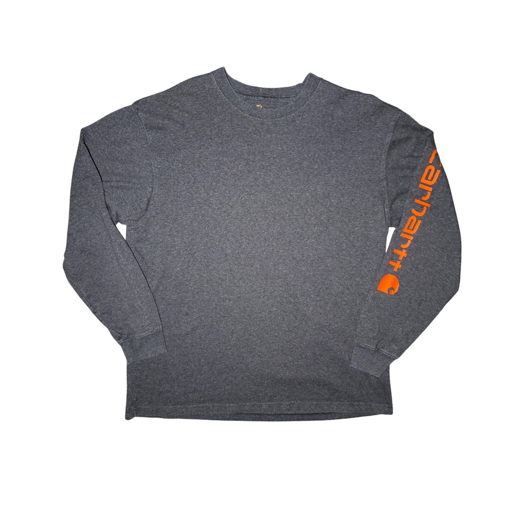 Carhartt Long Sleeve Shirt Mens Large Gray Orange Sleeve Graphic Logo